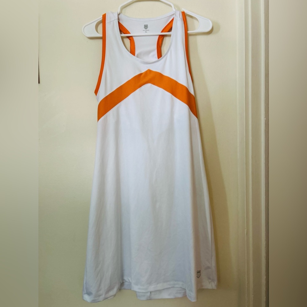 Women's White and Orange Sleeveless Dress